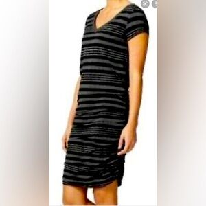 Athleta Ruched Topanga Dress XL black and gray striped t-shirt dress